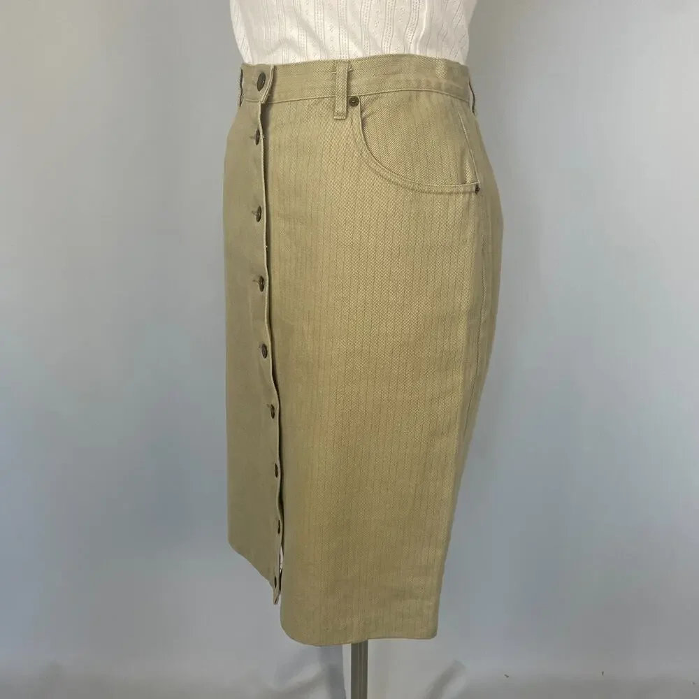 Vintage Button Front Skirt Size 10 Khaki Tan Pinstripe Minimal Rodeo Western 90s